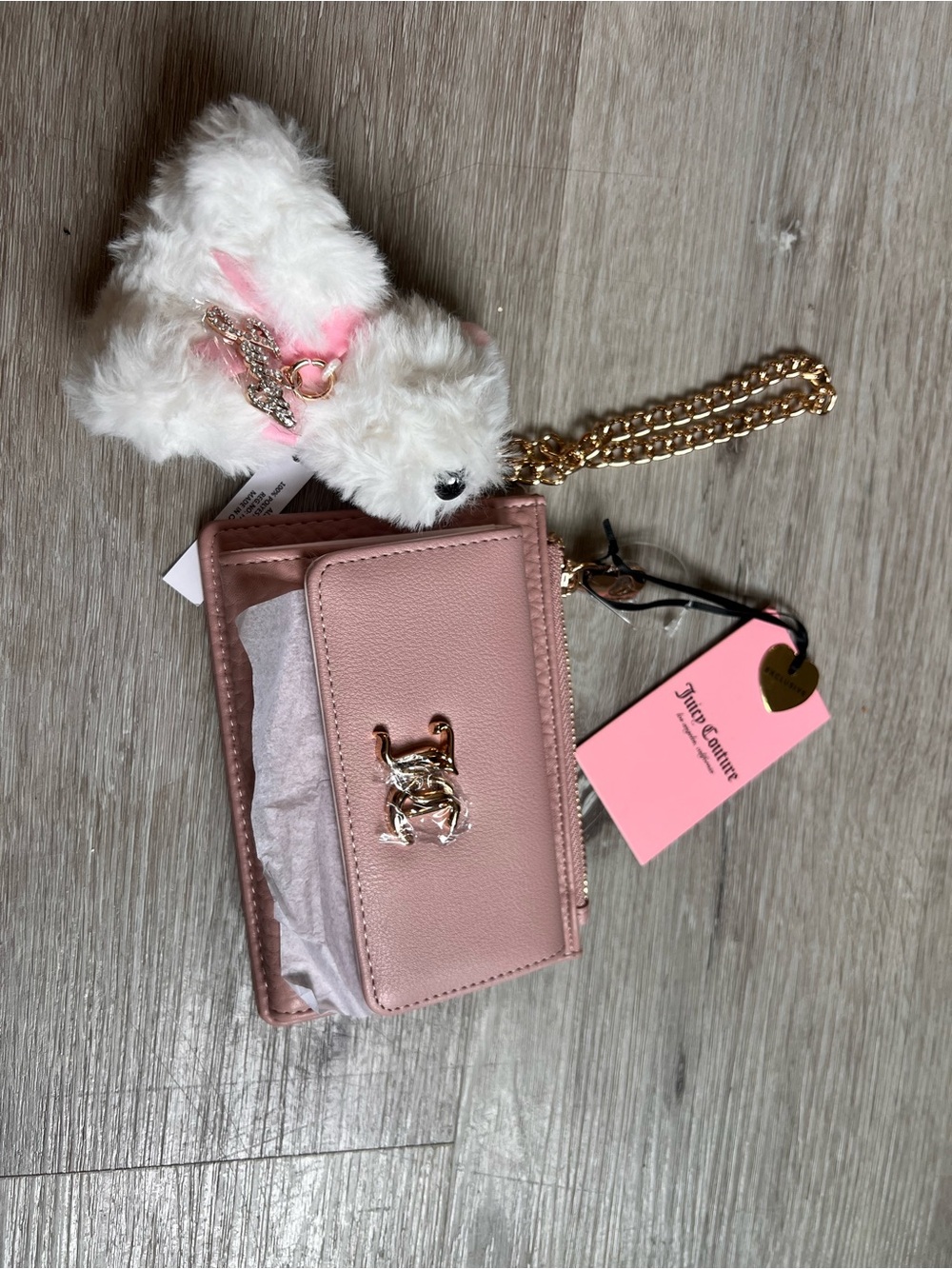 Juicy Couture Pink Plush Charm Cardholder with Gold Chain